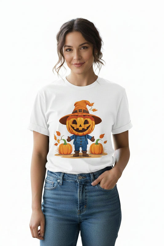 Women’s Scarecrow Pumpkin Halloween T-Shirt, Cute Fall Graphic Tee, Autumn Shirt