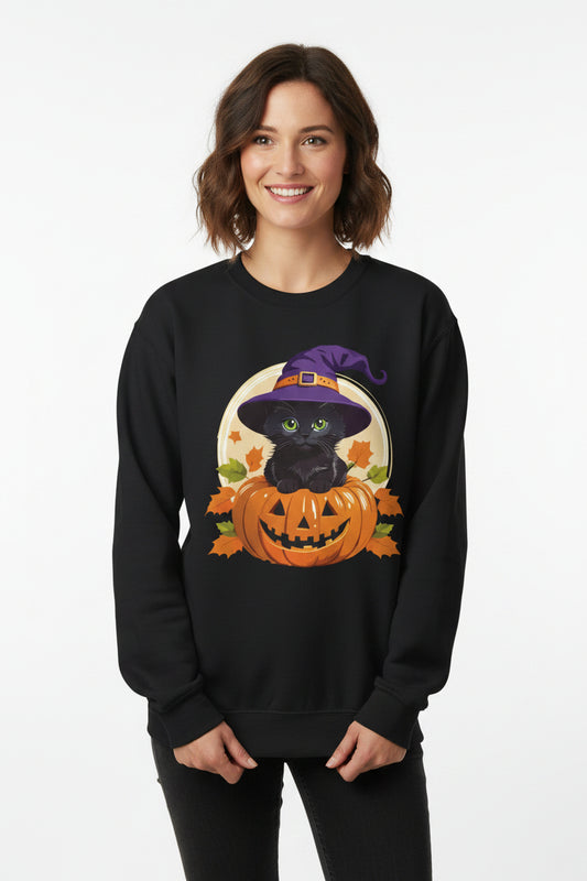 Cute Witch Cat Pumpkin Halloween Sweatshirt For Women | Cute Fall Graphic Sweatshirt | Halloween Party & Everyday Wear
