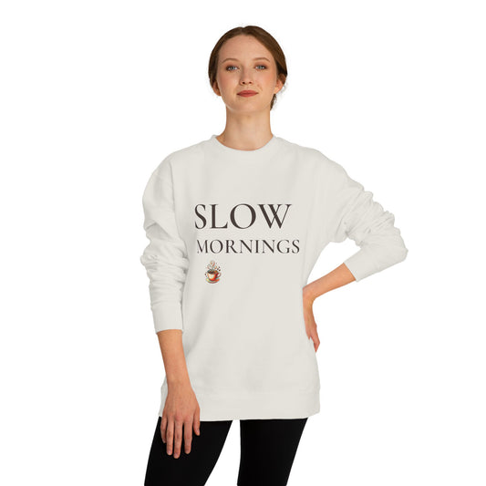 Women’s Slow Mornings Sweatshirt, Cozy Coffee Graphic Crewneck, Casual Pullover