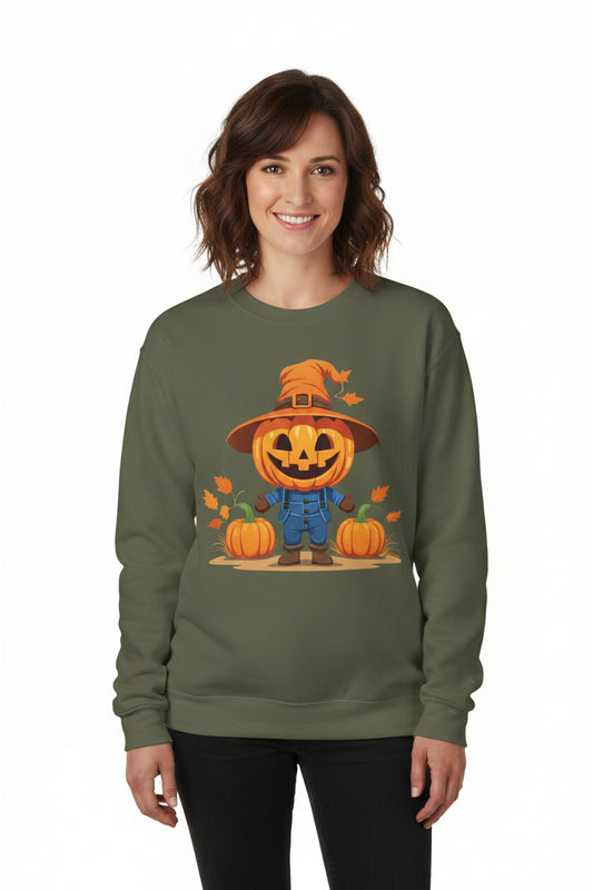 Jolly Scarecrow & Pumpkins Women's Halloween Sweatshirt | Cute Fall Graphic Sweatshirt | Halloween Party & Everyday Wear