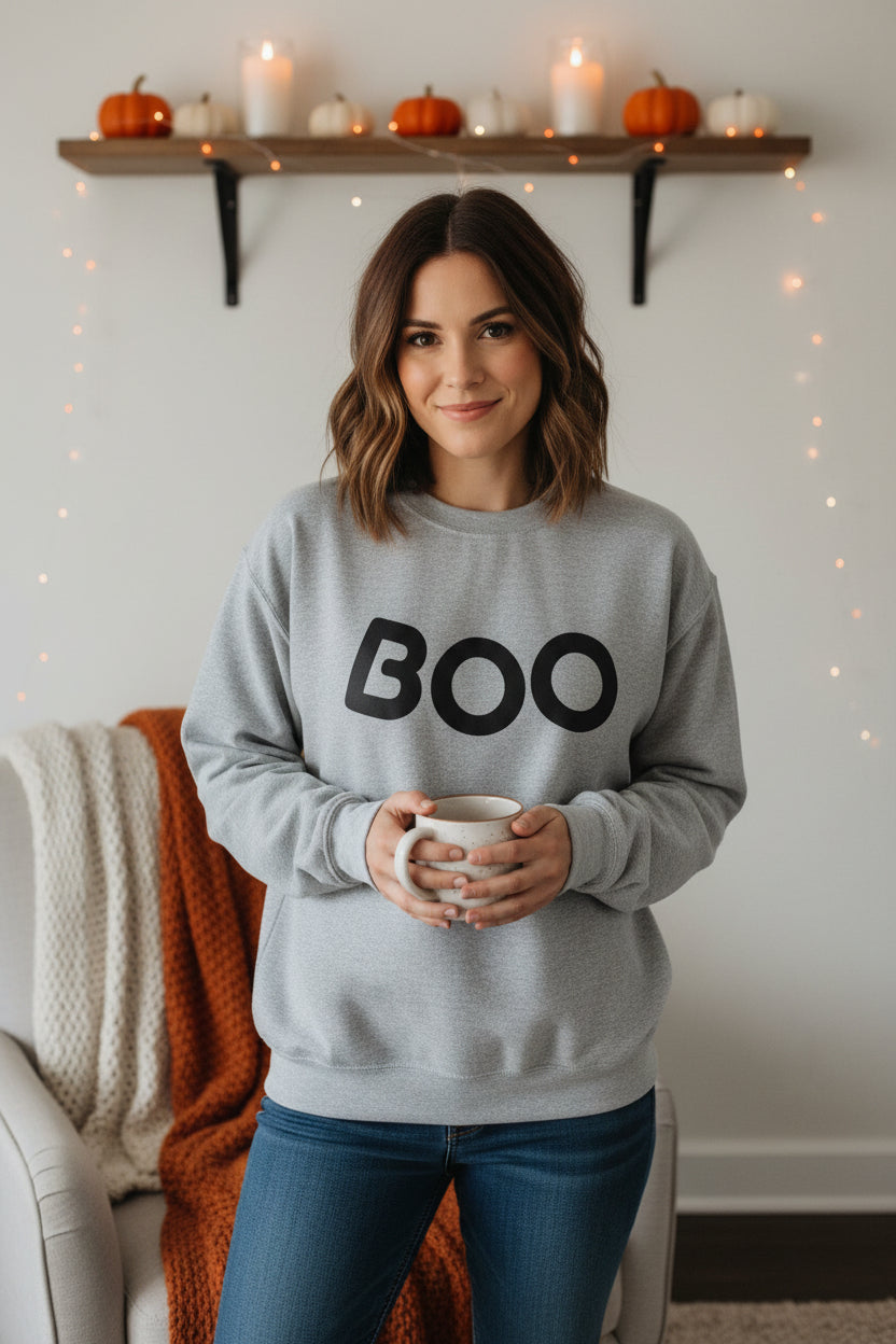Women’s BOO Sweatshirt, Cute Halloween Graphic Crewneck, Spooky Season Pullover