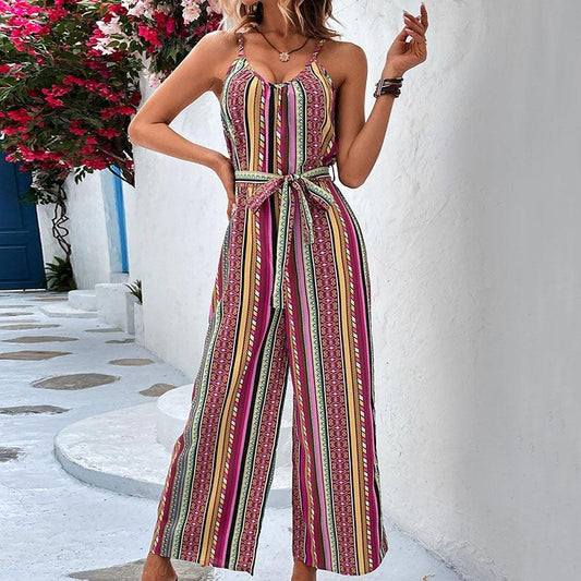 Striped Halter Neck Jumpsuit — Tie Waist Jumpsuit