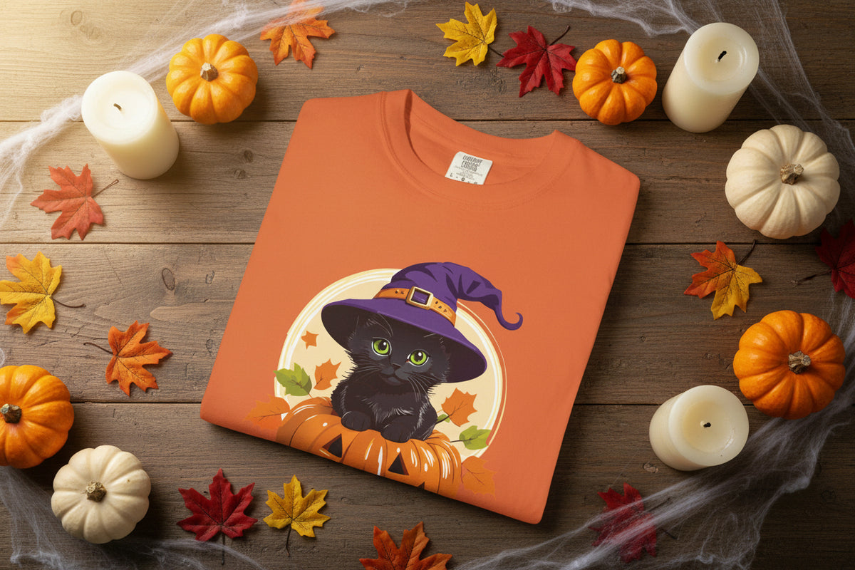 Cute Witch Cat Pumpkin Halloween T-shirt For Women | Cute Fall Graphic Tee | Halloween Party & Everyday Wear