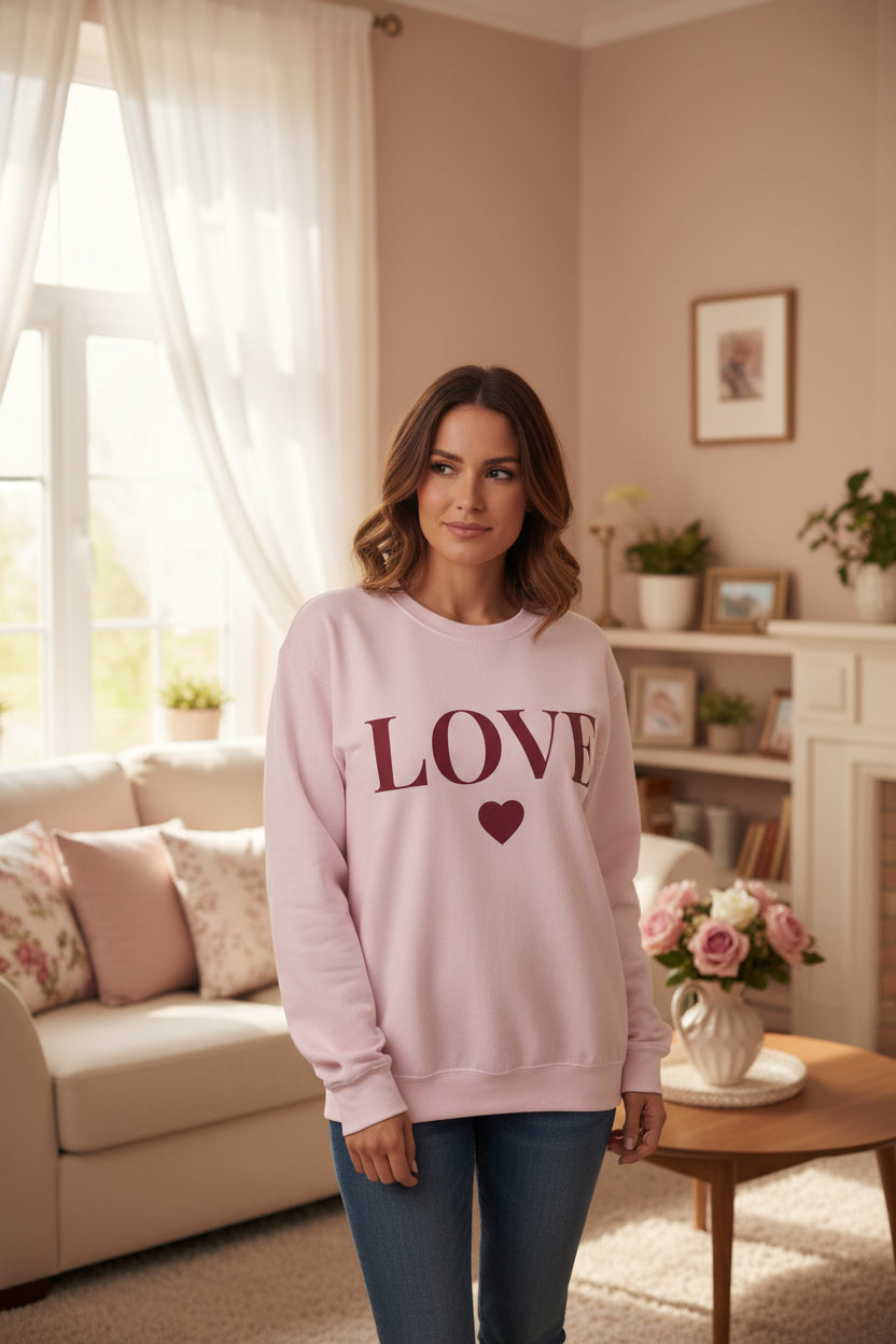 Women’s LOVE Sweatshirt, Cute Heart Graphic Crewneck, Romantic Casual Pullover