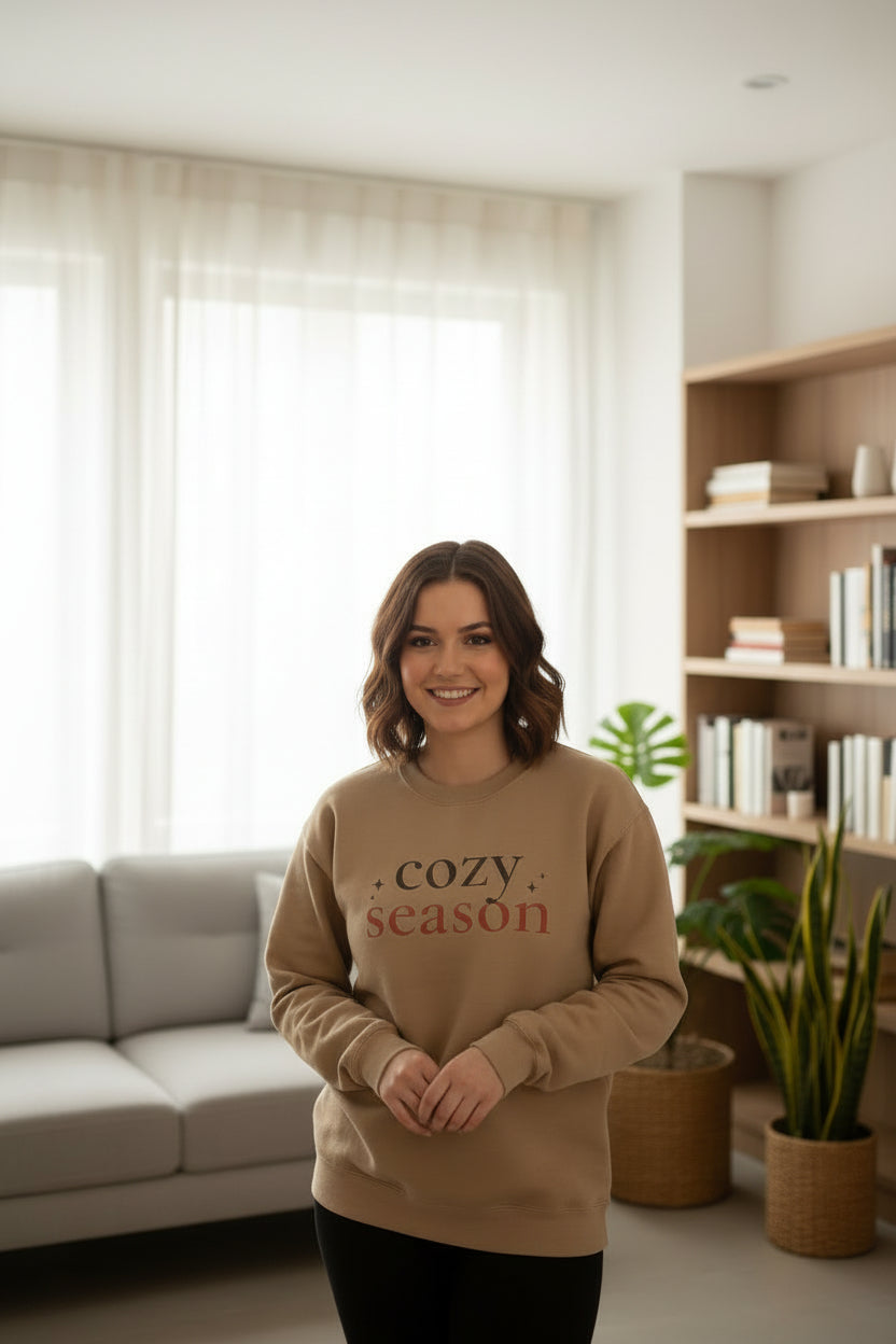Women’s Cozy Season Sweatshirt, Fall Graphic Crewneck, Cute Autumn Pullover