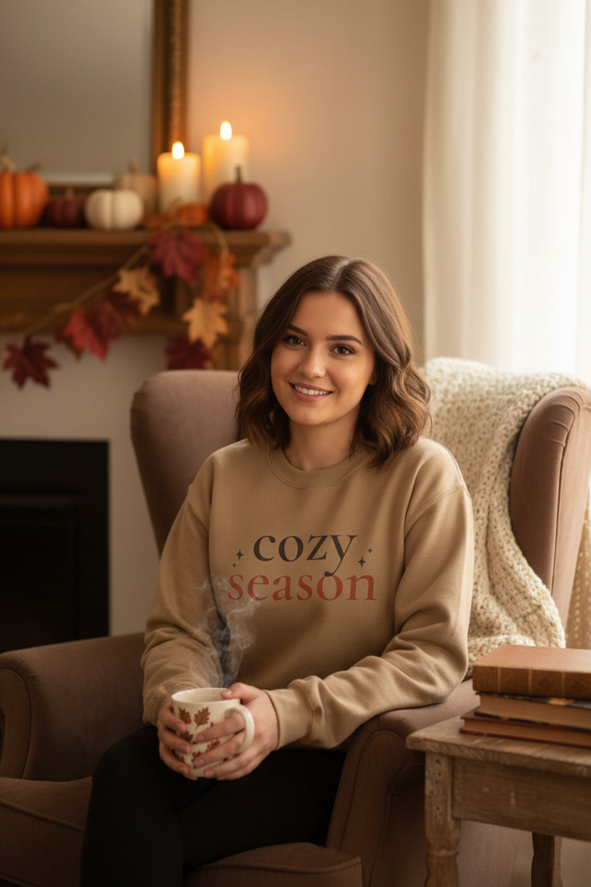 Women’s Cozy Season Sweatshirt, Fall Graphic Crewneck, Cute Autumn Pullover