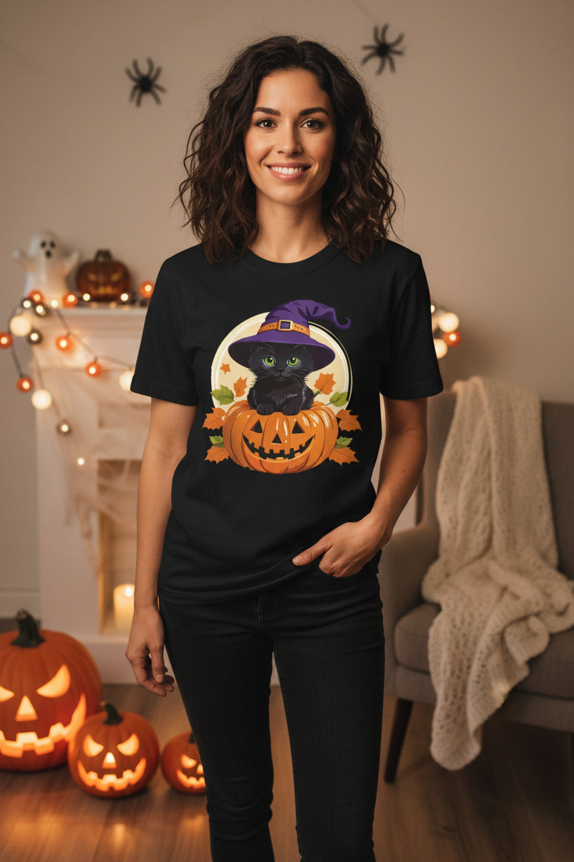 Cute Witch Cat Pumpkin Halloween T-shirt For Women | Cute Fall Graphic Tee | Halloween Party & Everyday Wear