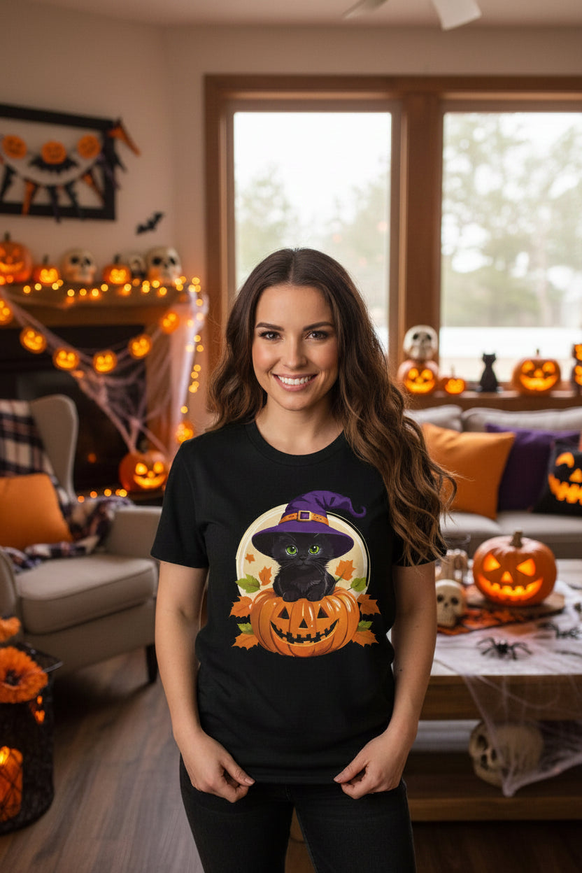 Cute Witch Cat Pumpkin Halloween T-shirt For Women | Cute Fall Graphic Tee | Halloween Party & Everyday Wear