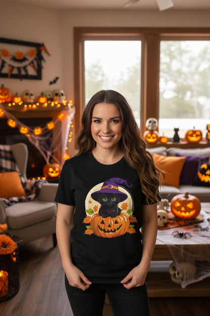Cute Witch Cat Pumpkin Halloween T-shirt For Women | Cute Fall Graphic Tee | Halloween Party & Everyday Wear