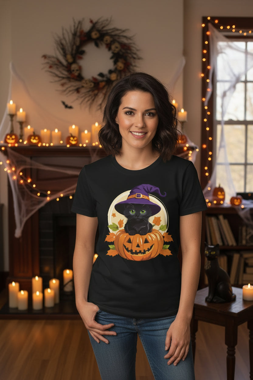 Cute Witch Cat Pumpkin Halloween T-shirt For Women | Cute Fall Graphic Tee | Halloween Party & Everyday Wear
