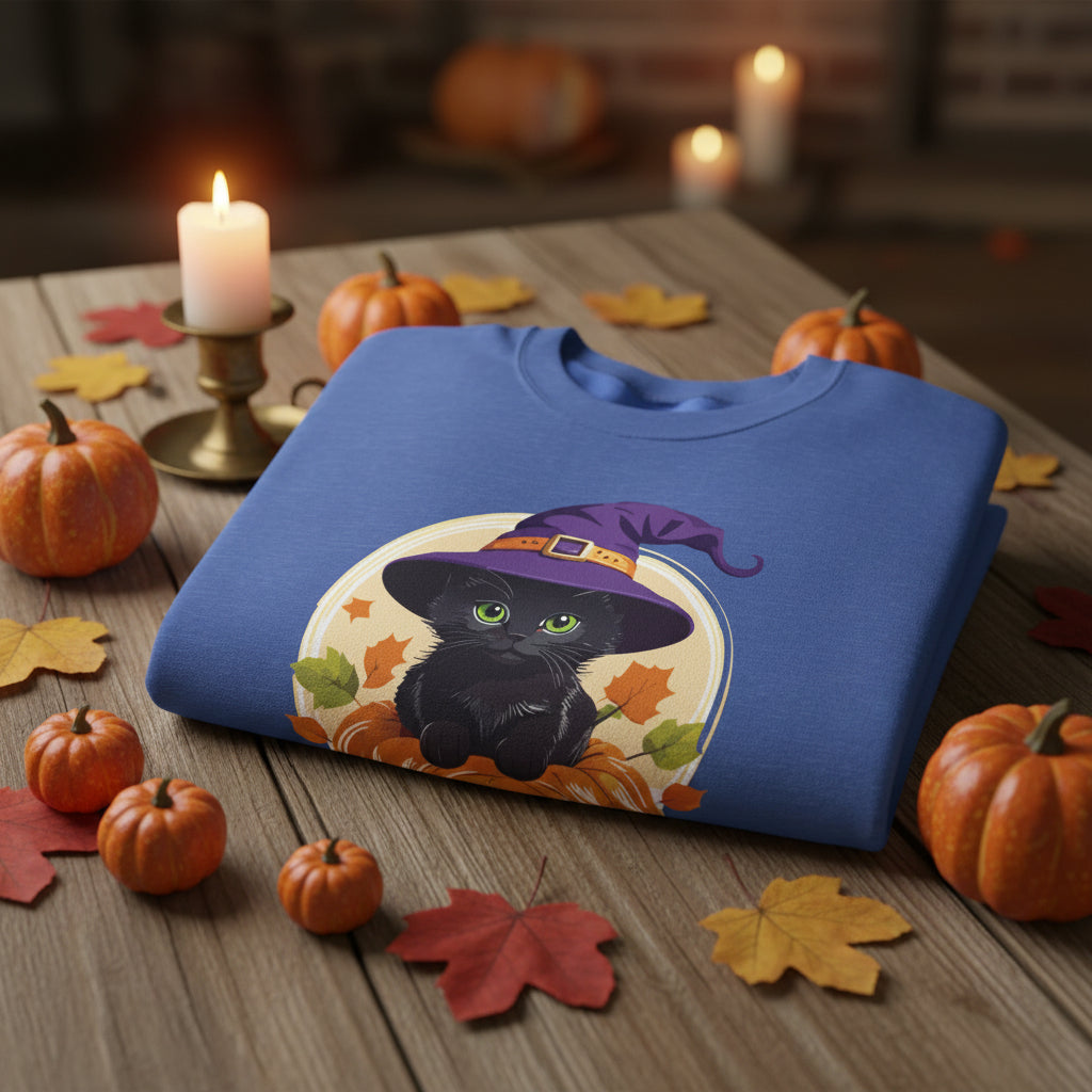 Cute Witch Cat Pumpkin Halloween Sweatshirt For Women | Cute Fall Graphic Sweatshirt | Halloween Party & Everyday Wear