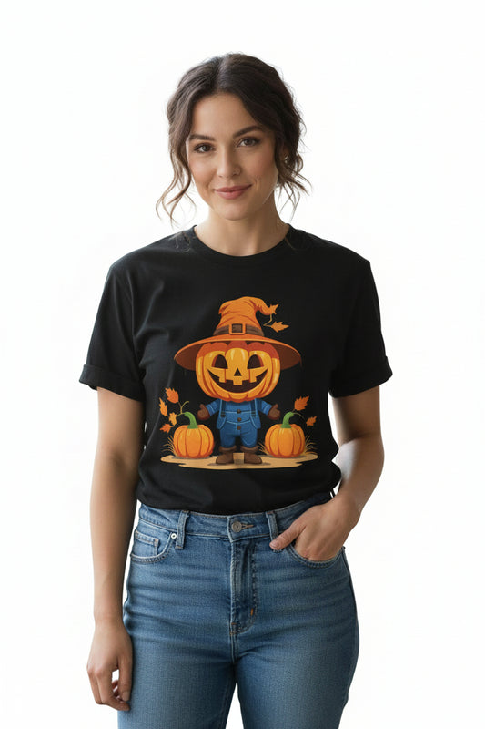 Women’s Scarecrow Pumpkin Halloween T-Shirt, Cute Fall Graphic Tee, Autumn Shirt