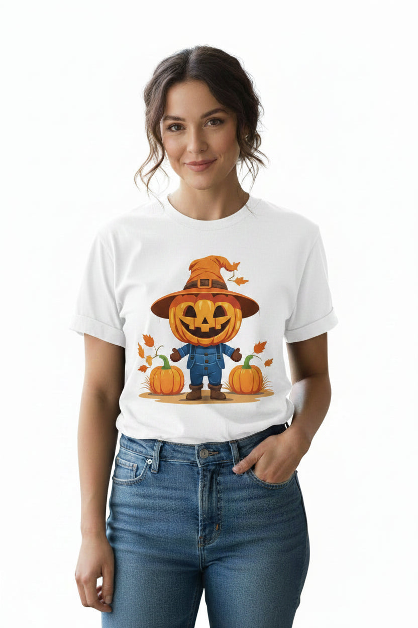 Women’s Scarecrow Pumpkin Halloween T-Shirt, Cute Fall Graphic Tee, Autumn Shirt