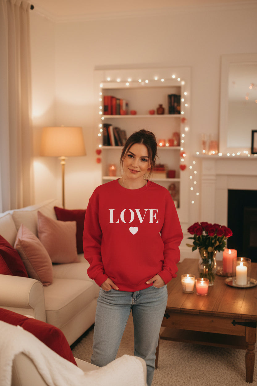 Women’s LOVE Sweatshirt, Cute Heart Graphic Crewneck, Romantic Casual Pullover