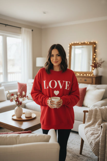 Women’s LOVE Sweatshirt, Cute Heart Graphic Crewneck, Romantic Casual Pullover