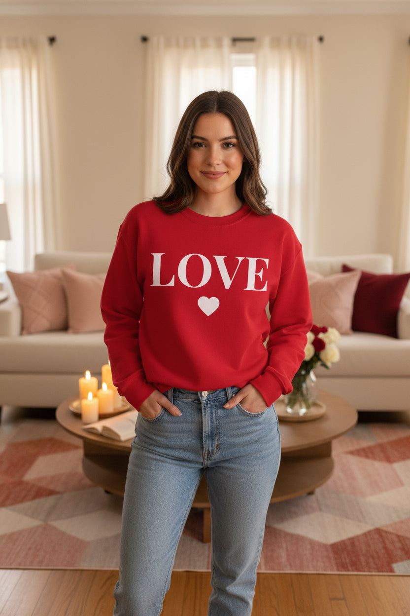 Women’s LOVE Sweatshirt, Cute Heart Graphic Crewneck, Romantic Casual Pullover