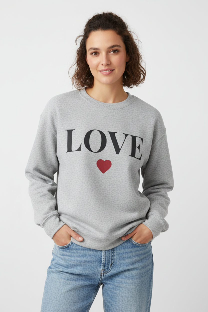 Women’s LOVE Sweatshirt, Cute Heart Graphic Crewneck, Romantic Casual Pullover