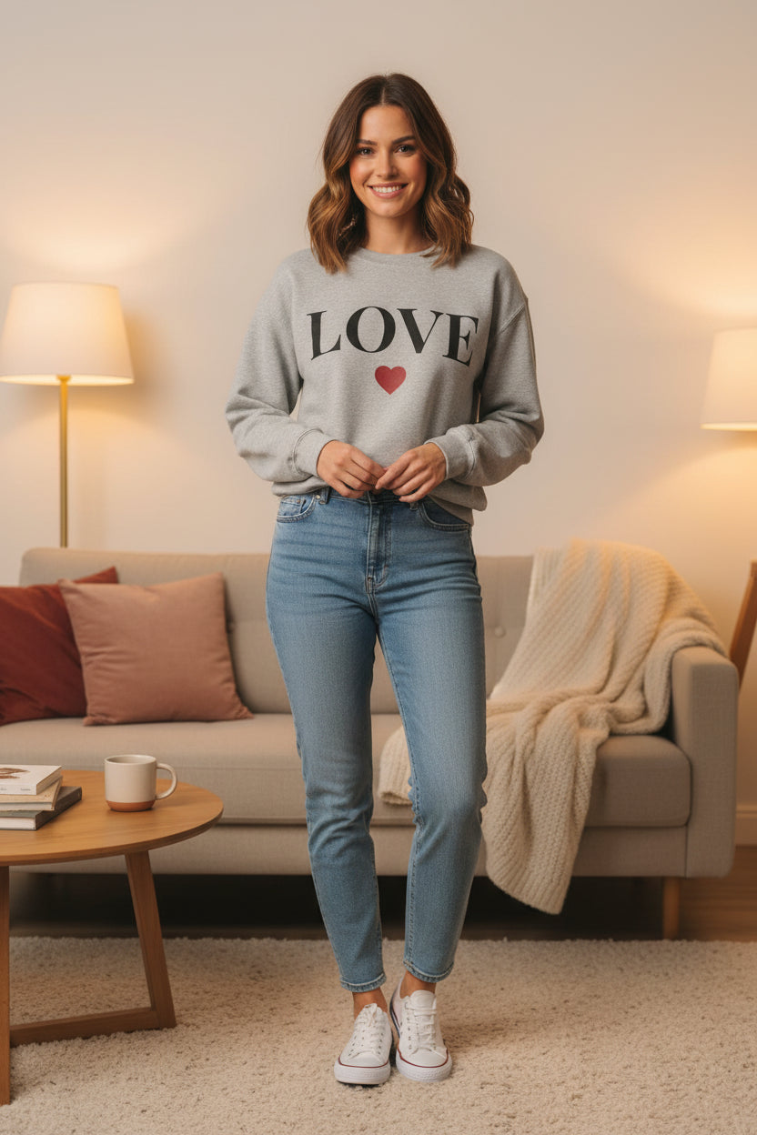 Women’s LOVE Sweatshirt, Cute Heart Graphic Crewneck, Romantic Casual Pullover