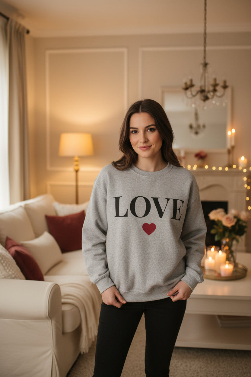 Women’s LOVE Sweatshirt, Cute Heart Graphic Crewneck, Romantic Casual Pullover