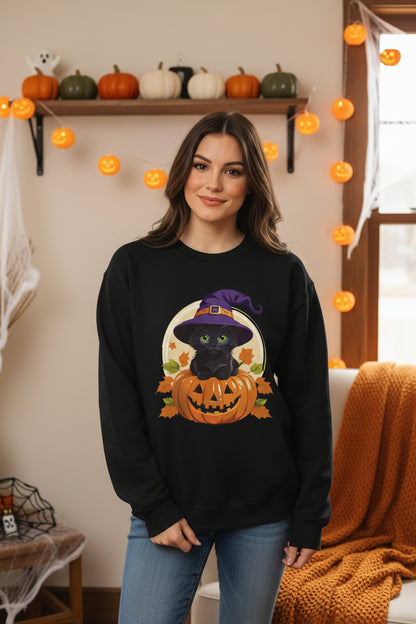 Cute Witch Cat Pumpkin Halloween Sweatshirt For Women | Cute Fall Graphic Sweatshirt | Halloween Party & Everyday Wear