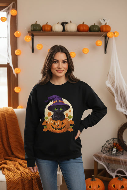 Cute Witch Cat Pumpkin Halloween Sweatshirt For Women | Cute Fall Graphic Sweatshirt | Halloween Party & Everyday Wear