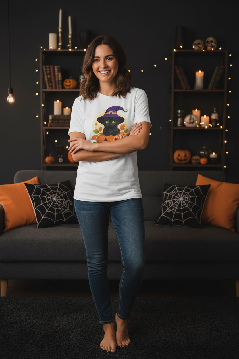 Cute Witch Cat Pumpkin Halloween T-shirt For Women | Cute Fall Graphic Tee | Halloween Party & Everyday Wear