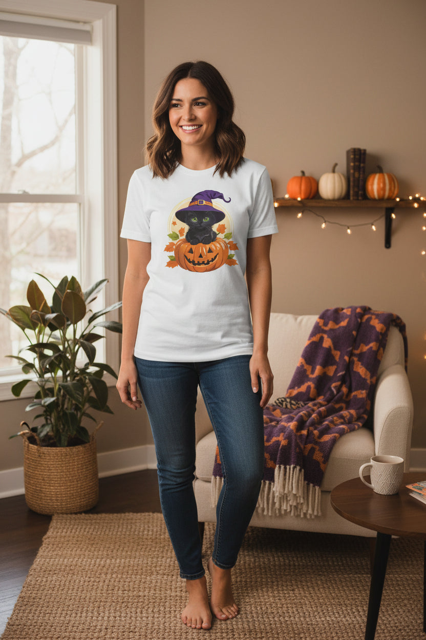 Cute Witch Cat Pumpkin Halloween T-shirt For Women | Cute Fall Graphic Tee | Halloween Party & Everyday Wear