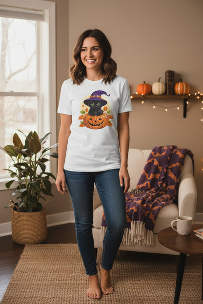 Cute Witch Cat Pumpkin Halloween T-shirt For Women | Cute Fall Graphic Tee | Halloween Party & Everyday Wear