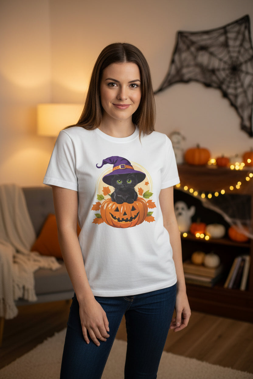 Cute Witch Cat Pumpkin Halloween T-shirt For Women | Cute Fall Graphic Tee | Halloween Party & Everyday Wear