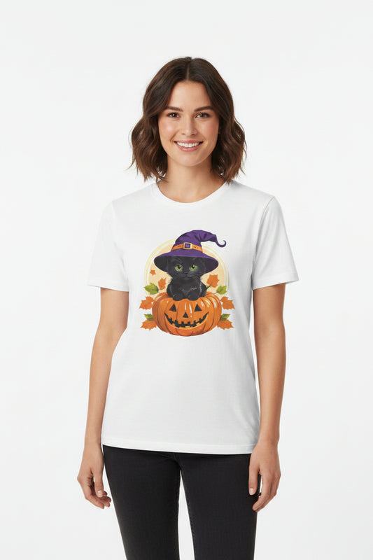 Cute Witch Cat Pumpkin Halloween T-shirt For Women | Cute Fall Graphic Tee | Halloween Party & Everyday Wear
