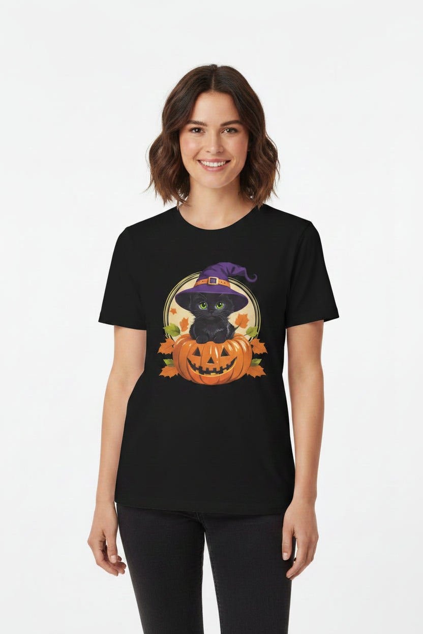 Cute Witch Cat Pumpkin Halloween T-shirt For Women | Cute Fall Graphic Tee | Halloween Party & Everyday Wear