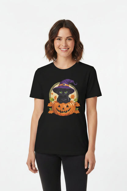 Cute Witch Cat Pumpkin Halloween T-shirt For Women | Cute Fall Graphic Tee | Halloween Party & Everyday Wear