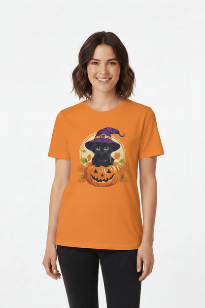Cute Witch Cat Pumpkin Halloween T-shirt For Women | Cute Fall Graphic Tee | Halloween Party & Everyday Wear