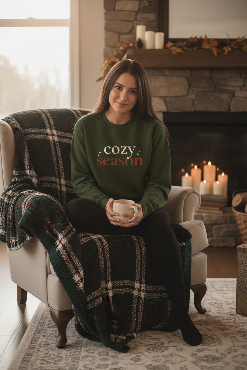 Women’s Cozy Season Sweatshirt, Fall Graphic Crewneck, Cute Autumn Pullover