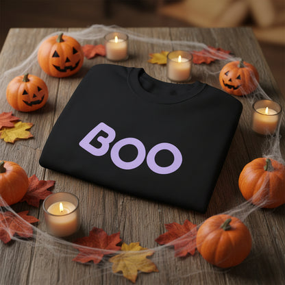 Women’s BOO Sweatshirt, Cute Halloween Graphic Crewneck, Spooky Season Pullover - Light Purple Lettering