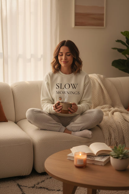 Women’s Slow Mornings Sweatshirt, Cozy Coffee Graphic Crewneck, Casual Pullover