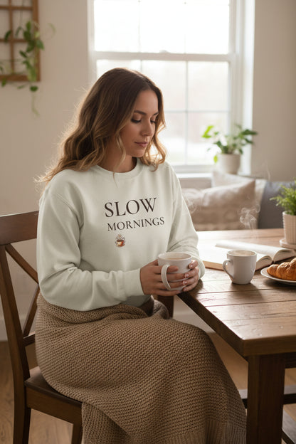 Women’s Slow Mornings Sweatshirt, Cozy Coffee Graphic Crewneck, Casual Pullover