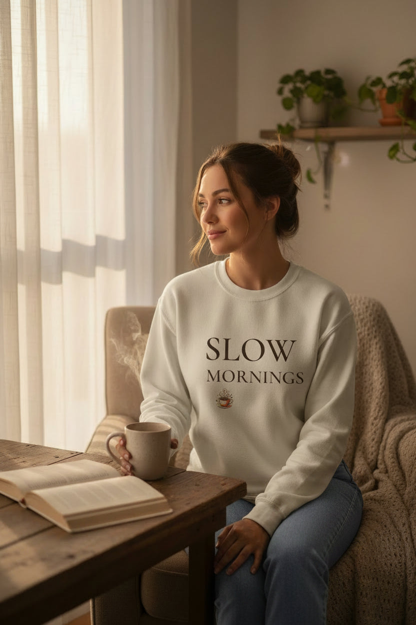 Women’s Slow Mornings Sweatshirt, Cozy Coffee Graphic Crewneck, Casual Pullover