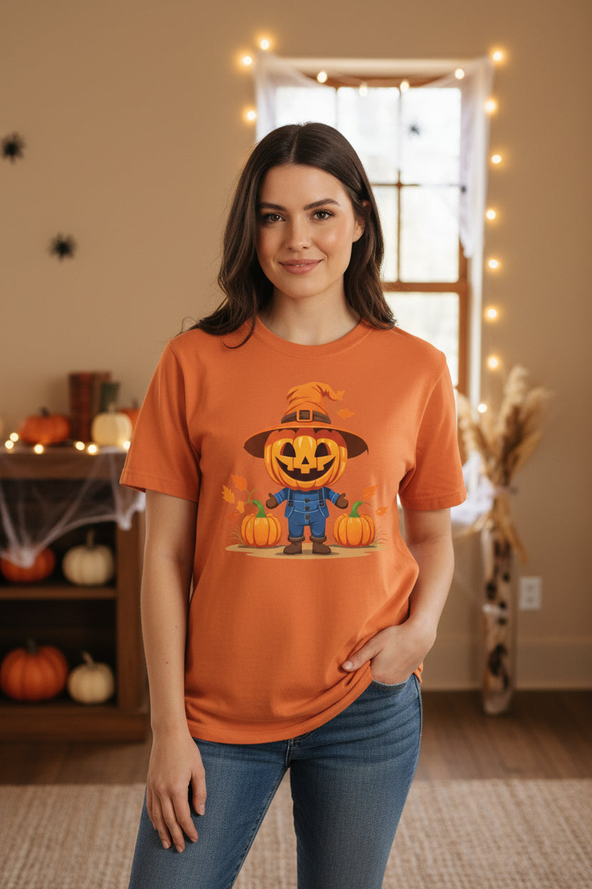 Women’s Scarecrow Pumpkin Halloween T-Shirt, Cute Fall Graphic Tee, Autumn Shirt