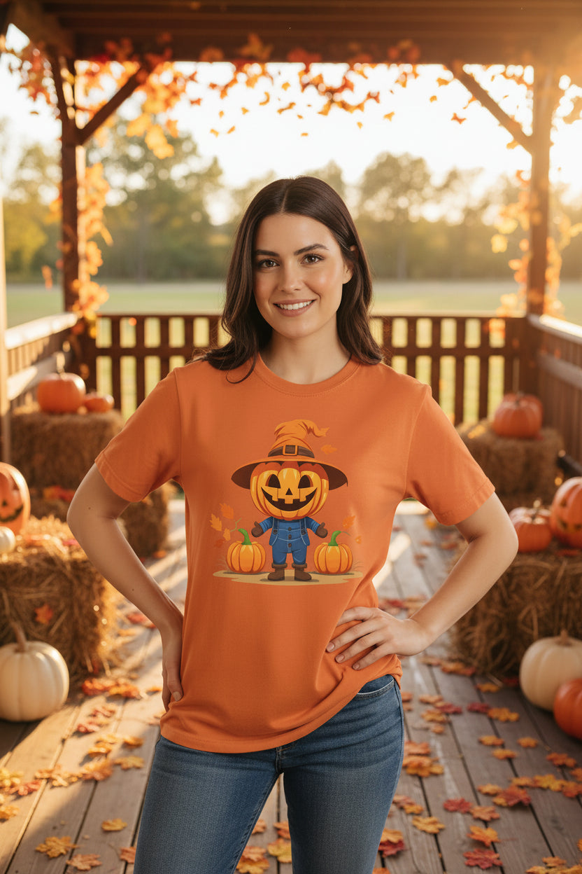 Women’s Scarecrow Pumpkin Halloween T-Shirt, Cute Fall Graphic Tee, Autumn Shirt
