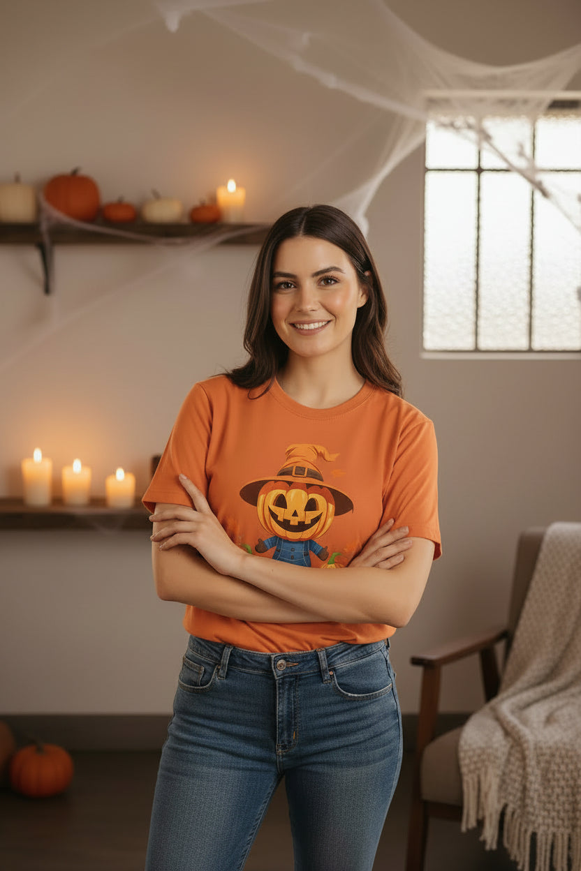 Women’s Scarecrow Pumpkin Halloween T-Shirt, Cute Fall Graphic Tee, Autumn Shirt
