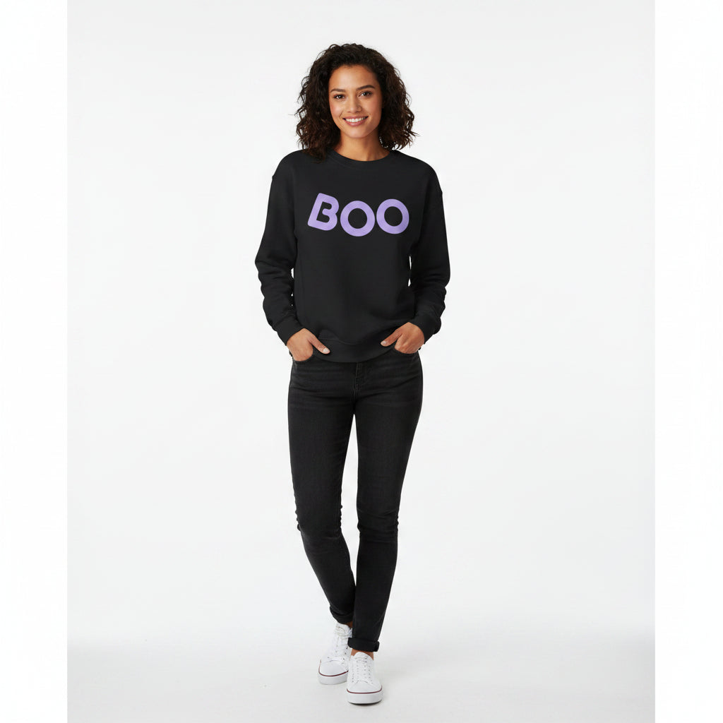 Women’s BOO Sweatshirt, Cute Halloween Graphic Crewneck, Spooky Season Pullover - Light Purple Lettering