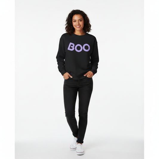 Women’s BOO Sweatshirt, Cute Halloween Graphic Crewneck, Spooky Season Pullover - Light Purple Lettering