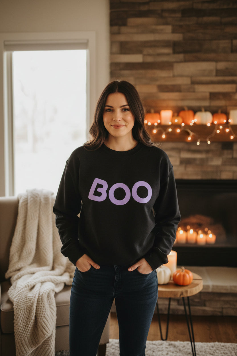 Women’s BOO Sweatshirt, Cute Halloween Graphic Crewneck, Spooky Season Pullover - Light Purple Lettering