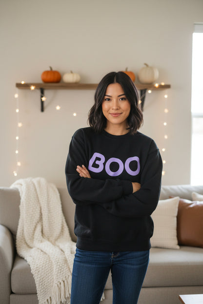 Women’s BOO Sweatshirt, Cute Halloween Graphic Crewneck, Spooky Season Pullover - Light Purple Lettering