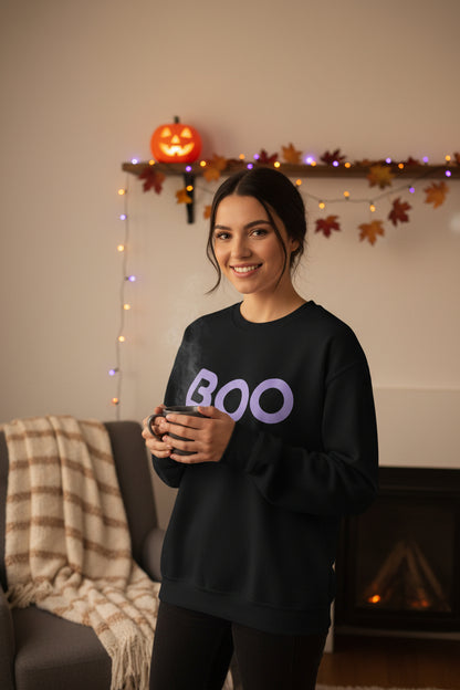 Women’s BOO Sweatshirt, Cute Halloween Graphic Crewneck, Spooky Season Pullover - Light Purple Lettering