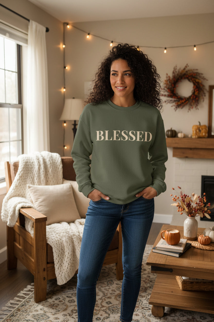 Women’s Blessed Sweatshirt, Fall Thanksgiving Graphic Crewneck, Grateful Autumn Shirt for Women