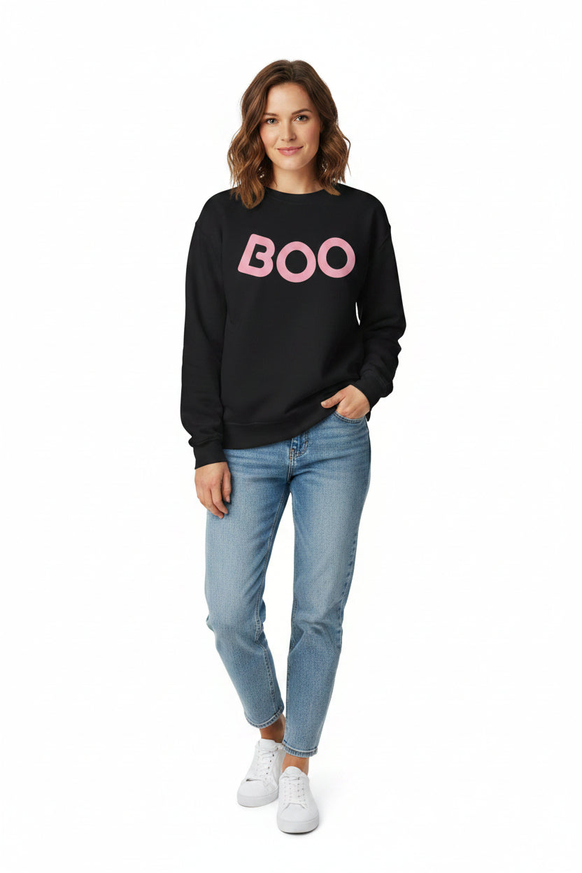 Women’s BOO Sweatshirt, Cute Halloween Graphic Crewneck, Spooky Season Pullover - Pink Lettering