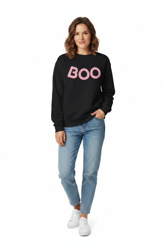 Women’s Pink BOO Halloween Sweatshirt, Cute Spooky Season Crewneck, Fall Pullover