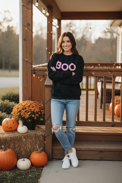 Women’s Pink BOO Halloween Sweatshirt, Cute Spooky Season Crewneck, Fall Pullover